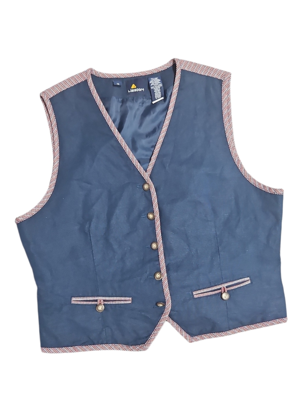 Lizsport Women's Linen Navy Button Front Vest with Tweed Trim Size 12